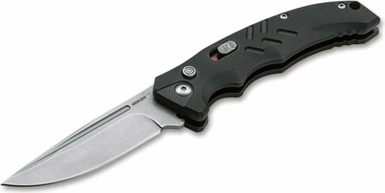 Böker Plus Intention II Black automatisk taktisk kniv 8 cm med stonewash-finish og G10-skæfte