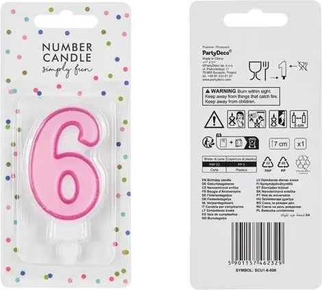 Lyserødt fødselsdagslys med tallet 6, 7 cm