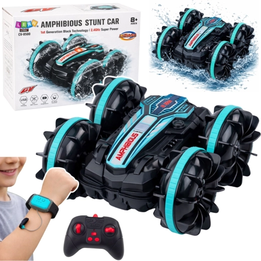 Amfibisk stunt-RC-bil 4x4 med fjernbetjening og gestusstyring, turkis