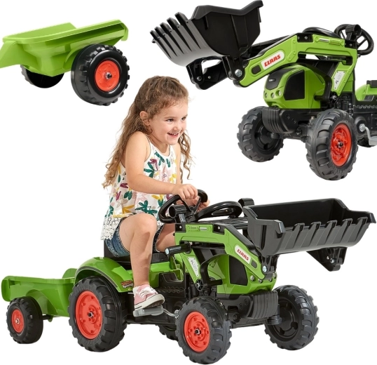 Falk pedaltraktor Claas Arion 410 med frontlæsser og anhænger til børn 2–5 år