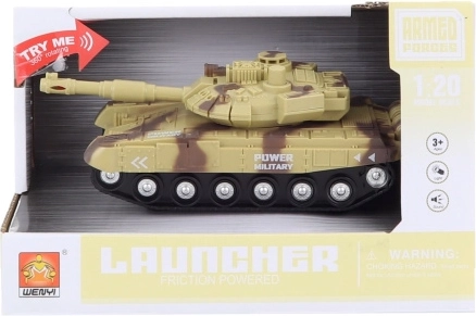 Beige tank på batterier med lys og lyde