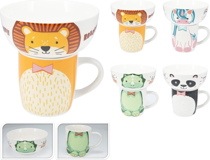 Børnesæt i porcelæn – krus og skål, mix af dyremotiver