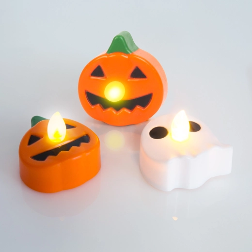 Halloween LED-fyrfadslys med græskar og spøgelse – 3 stk.