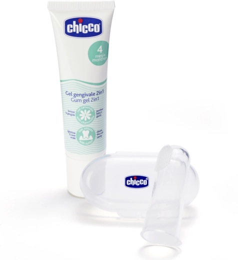 Chicco beroligende gel til tandkød og silikonefingerbørste med etui til babyer 4 m+