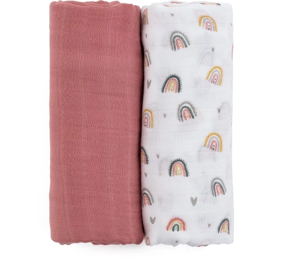 Bambus musselin svøb 2-i-1 Misty Rose Rainbow 120 × 120 cm – Petite&Mars (2 stk)