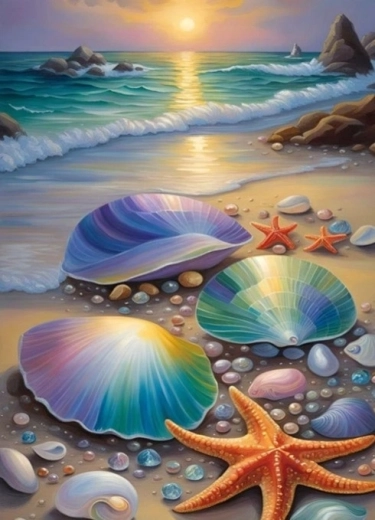 NORIMPEX Mal efter tal Farverige muslinger på stranden 40 x 50 cm