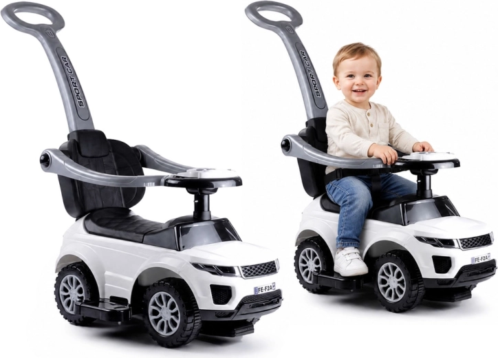 Hvidt gåkøretøj til børn med styrestang Sport Car