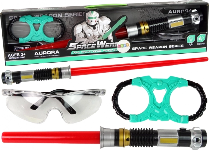 Kosmisk sæt: lyssværd med turkis lys og beskyttelsesbriller med lyd