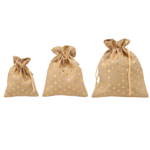 Sæt af juteposer med gyldne prikker 30 × 25 / 25 × 20 / 20 × 15 cm