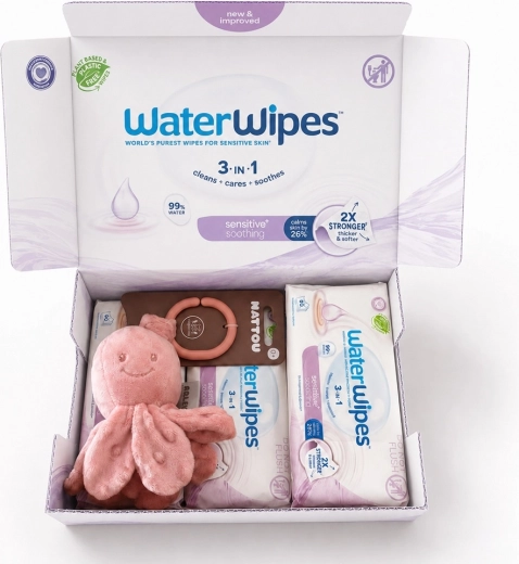 WaterWipes Soothing Clean 3i1 fugtige vådservietter 4×60 stk. (240 stk.) + Nattou vibrerende blæksprutte gratis