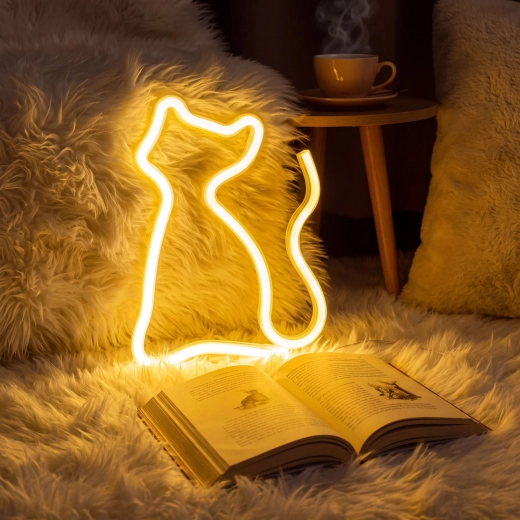 Neon LED-lampe med kat med varmt hvidt lys
