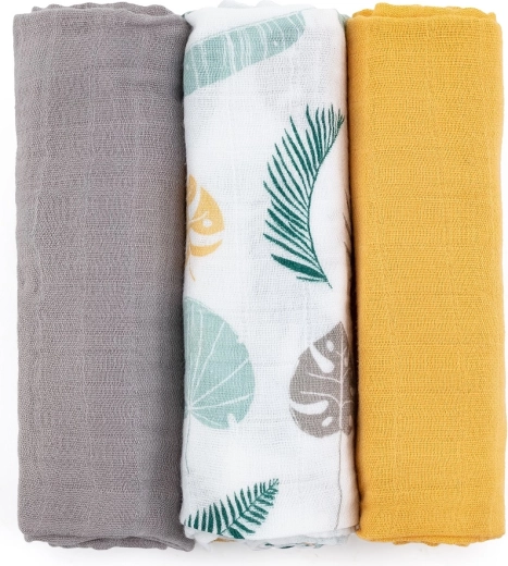 Petite&Mars sæt bambus-musselinklud Moussy ochre leaves 3 stk. 68 × 68 cm