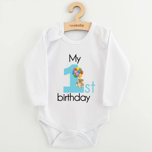 Babybody New Baby My 1st birthday blå med lange ærmer