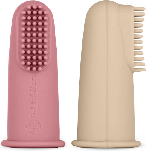 Sæt med silikonefingerbørster til baby PETITE&MARS, rosa og sand, 2 stk.