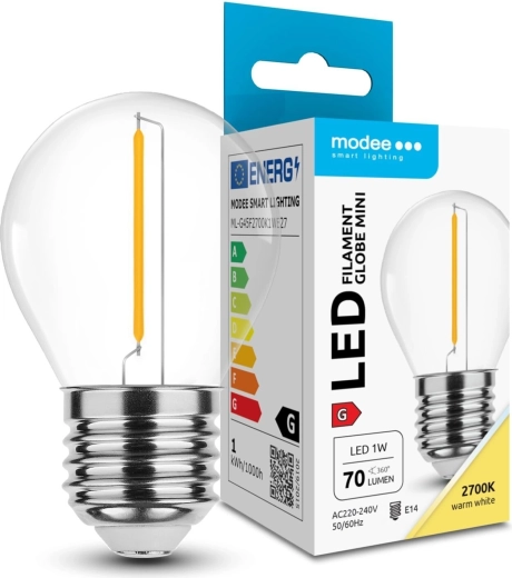 Modee LED filament mini pære G45 1W E27, varm hvid 2700K, 70 lm