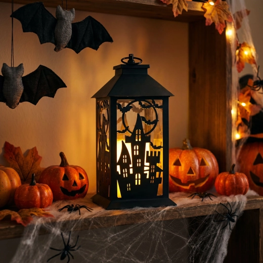 Halloweenlygte med blinkende lys og borg, batteridrevet
