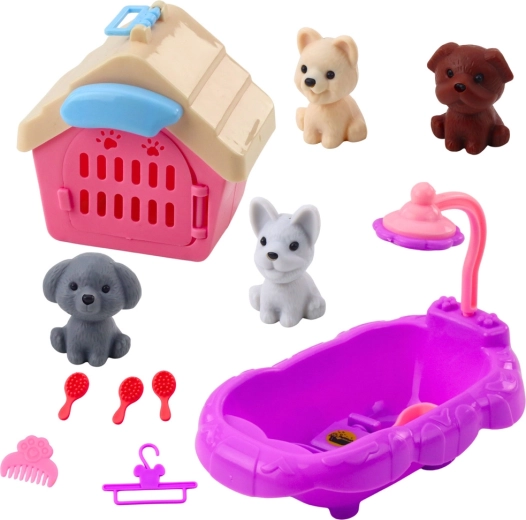 Plejesæt til hunde med badekar, hundehus og tilbehør, 4 figurer