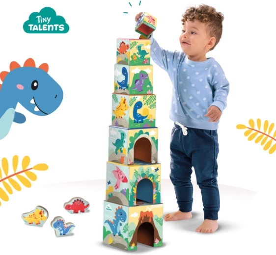 Tårn af 7 klodser med glade dinosaurillustrationer
