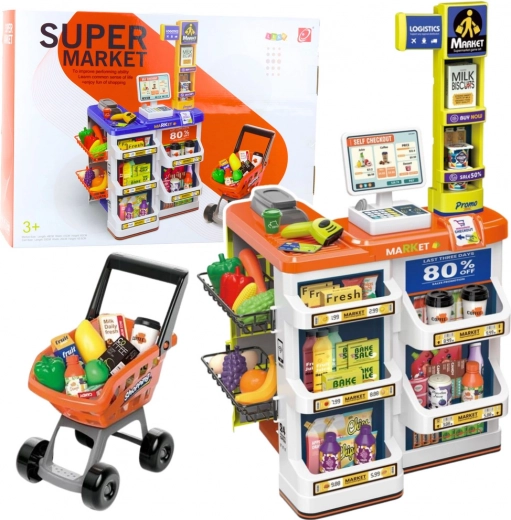 Legetøjsbutik med kasseapparat og indkøbsvogn – supermarkedssæt 60 dele