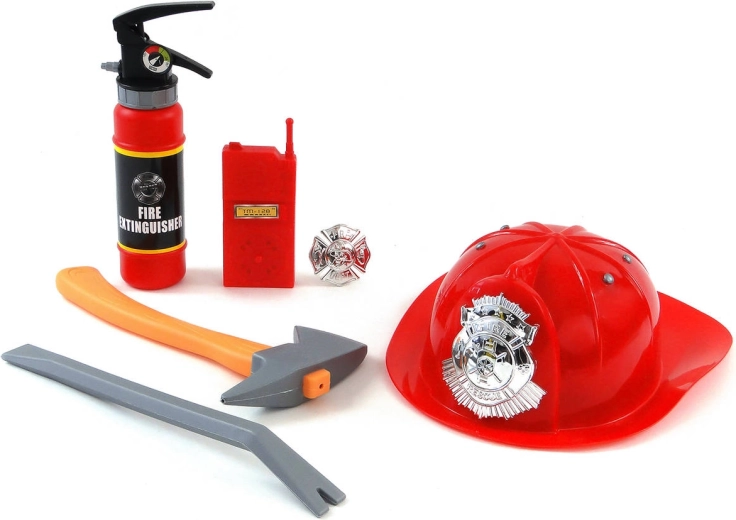 Børnebrandsæt med funktionel brandslukker, der sprøjter vand, og hjelm