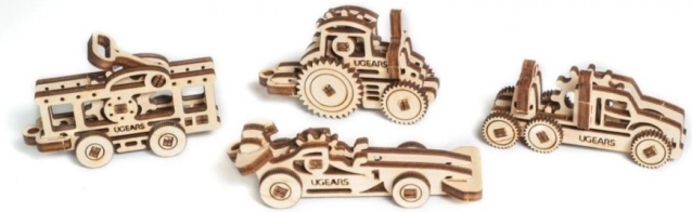 Ugears 3D mekaniske træpuslespil – sæt med 4 køretøjsvedhæng