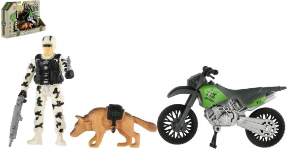 Militær action-sæt med motorcykel, soldat og hund