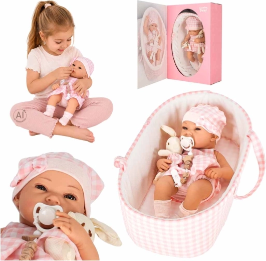Babydukke 38 cm med transportkurv og plys-kanin – lyserød