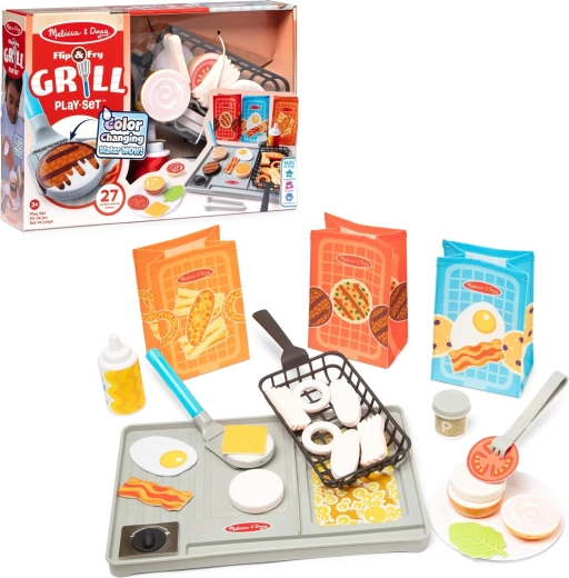Melissa & Doug Flip & Fry-grillsæt med mad, der skifter farve, 27 dele