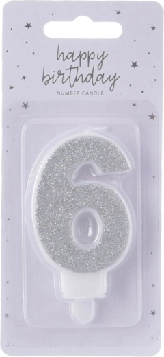 Sølvfarvet kagelys nummer 6, 7 cm