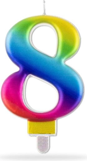 Kagelys tal 8 på pind i regnbuefarver 7,5 cm