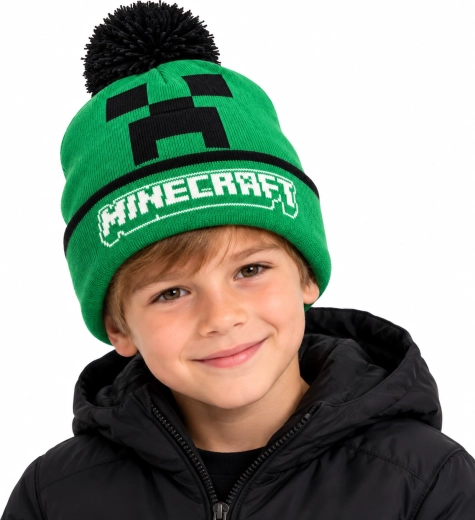 Minecraft Creeper-vinterhue til børn med pompon