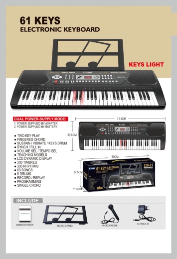 Elektronisk keyboard med 61 tangenter og mikrofon