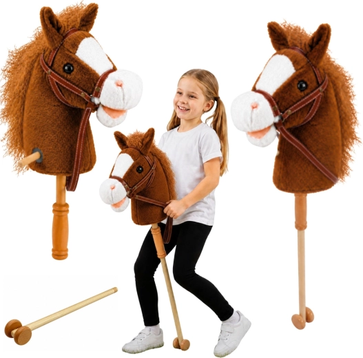 Kæphest på stok med træhåndtag, galop- og vrinskelyde, brun 100 cm