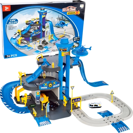 Politigarage med station, 3 etager med elevator, biler og helikopter, 74 dele