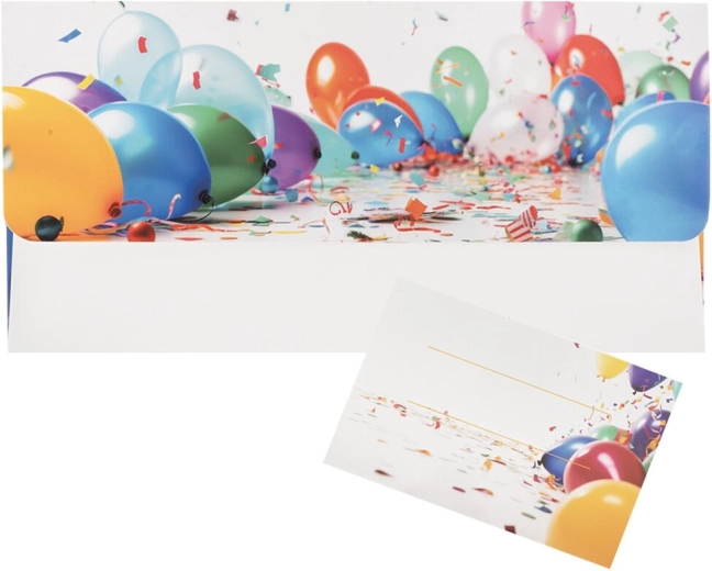 Papirkuvert med ballonmotiv og indsat kort