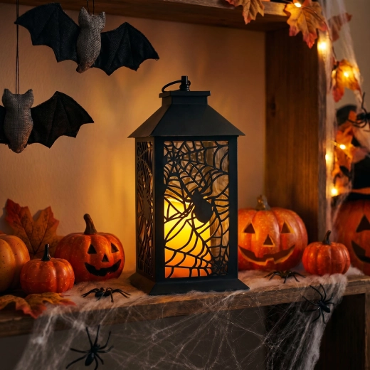 Halloween-blinkende LED-lanterne med edderkop, batteridrevet