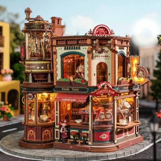 Detaljeret café med markant facade og lysende skilte