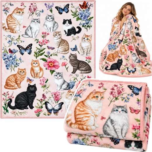 Blødt dekorativt tæppe med katte, blomster og sommerfugle 150 × 100 cm