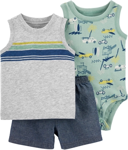 Carter's 3-delt sæt til dreng – ærmeløs body, undertrøje og grå shorts med biler (6 m)