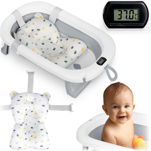 Sammenklappeligt babybadekar med termometer og indsats Ricokids, hvid/grå