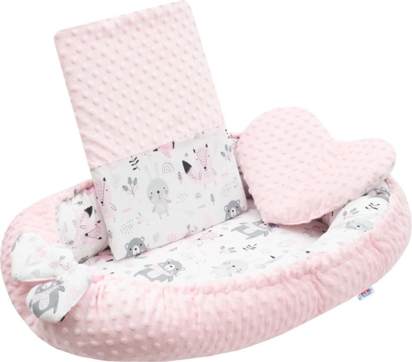 Luksuriøst babynest med pude og dyne i lyserød minky NEW BABY