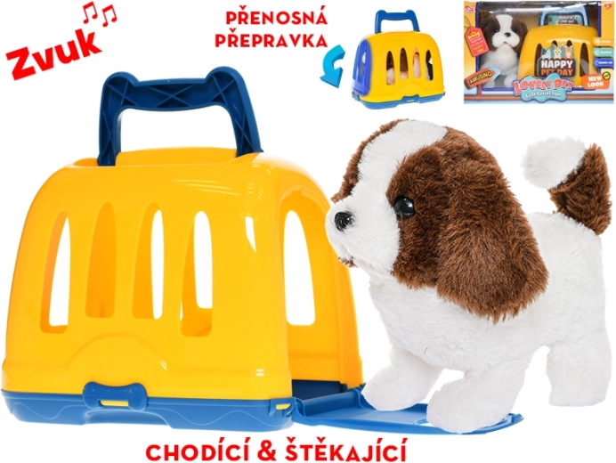 Plys-hund i transportkasse, går og gør, 19 cm