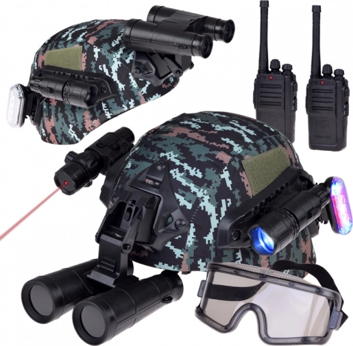 Sæt med militært udstyr med hjelm, kikkert og walkie-talkie