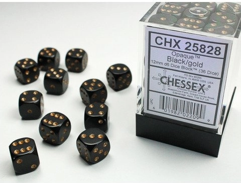 Chessex opaque sorte/guld terninger d6 12 mm (36 stk.)