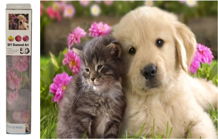Diamantmosaik hund og kat