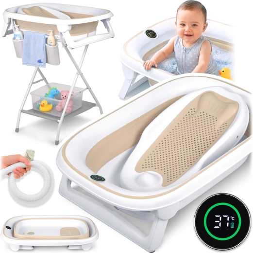 Nukido foldbart babybadekar med stativ, termometer og nyfødtindsats, hvid-beige