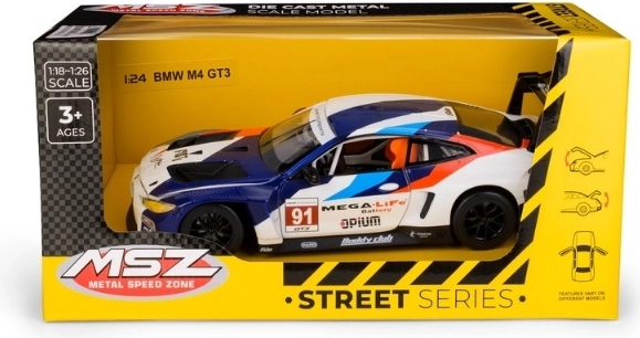 Model af BMW M4 GT3-racerbil i skala 1:24, blå-hvid