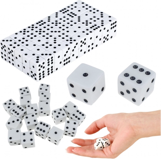 Sæt med klassiske spilleterninger 1–6, hvide, 100 stk.
