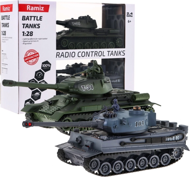Fjernstyrede kampvogne T-34 vs Tiger i skala 1:28 – kampsæt 2,4 GHz