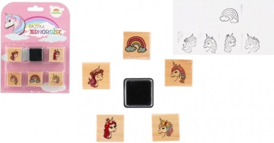 Træstempler med pude – enhjørninger og regnbue (5+1), 3 × 3 cm
